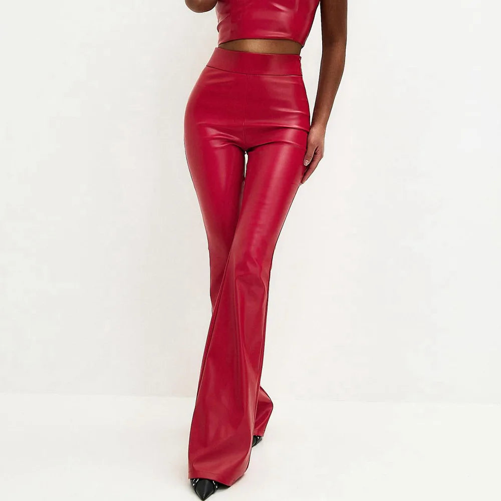 Elegant PU Leather  High Waist Pants