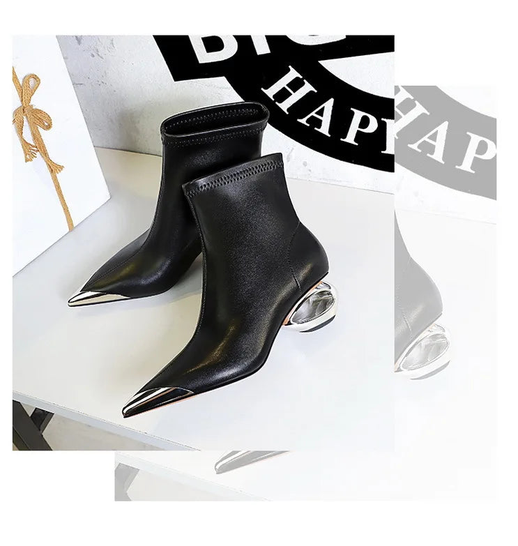 Metal Pointed Toes Ankle  Boots With Hollow Heel Iron Head