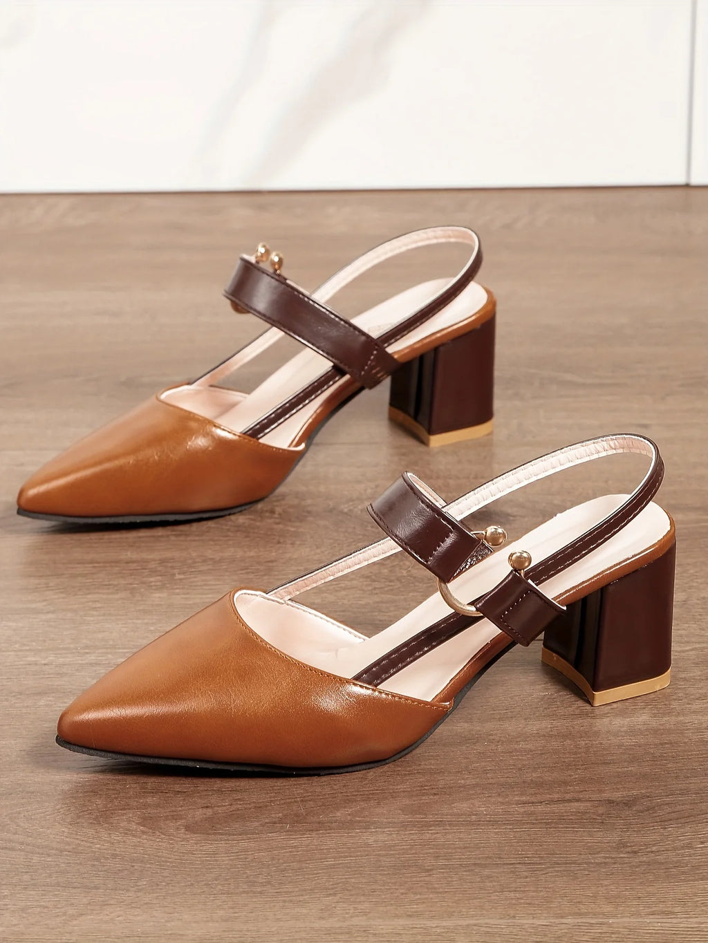 Two-Color Pointed Toe Block Sandals
