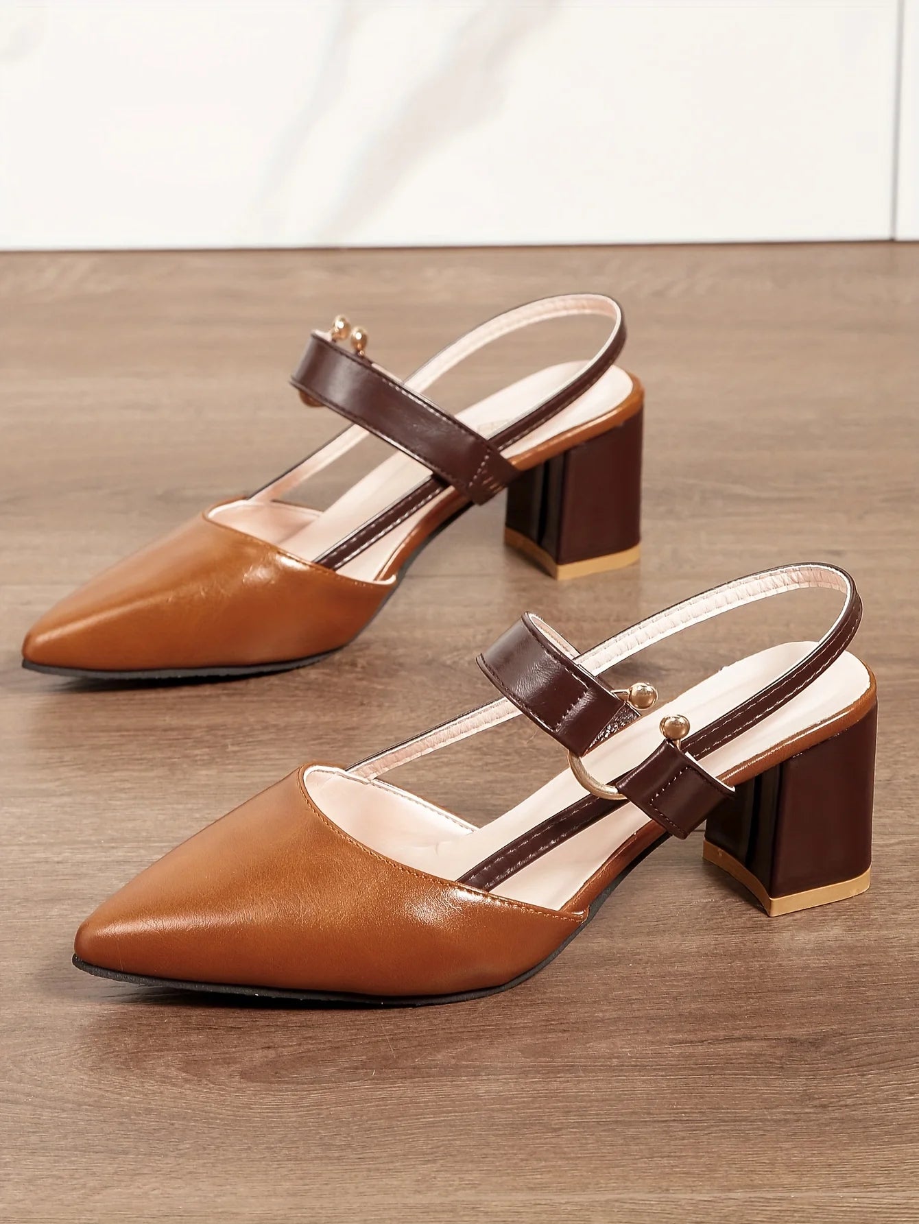 Two-Color Pointed Toe Block Sandals