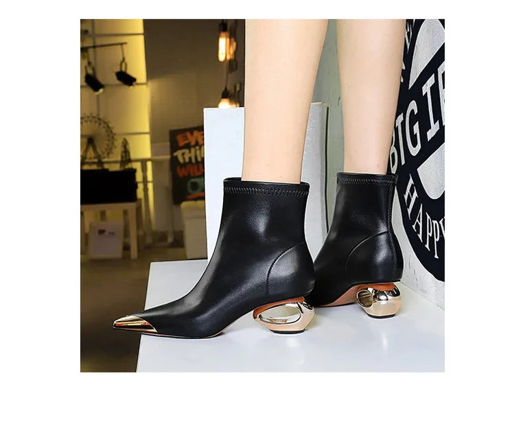 Metal Pointed Toes Ankle  Boots With Hollow Heel Iron Head