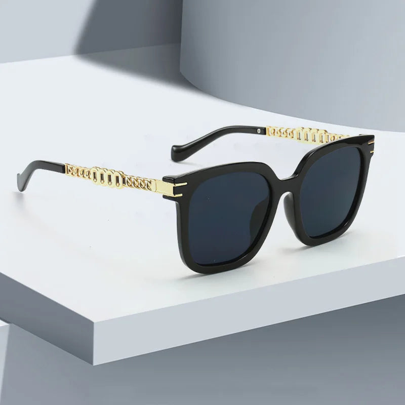 Vintage Golden Chain Embellished Black Square Sunglasses