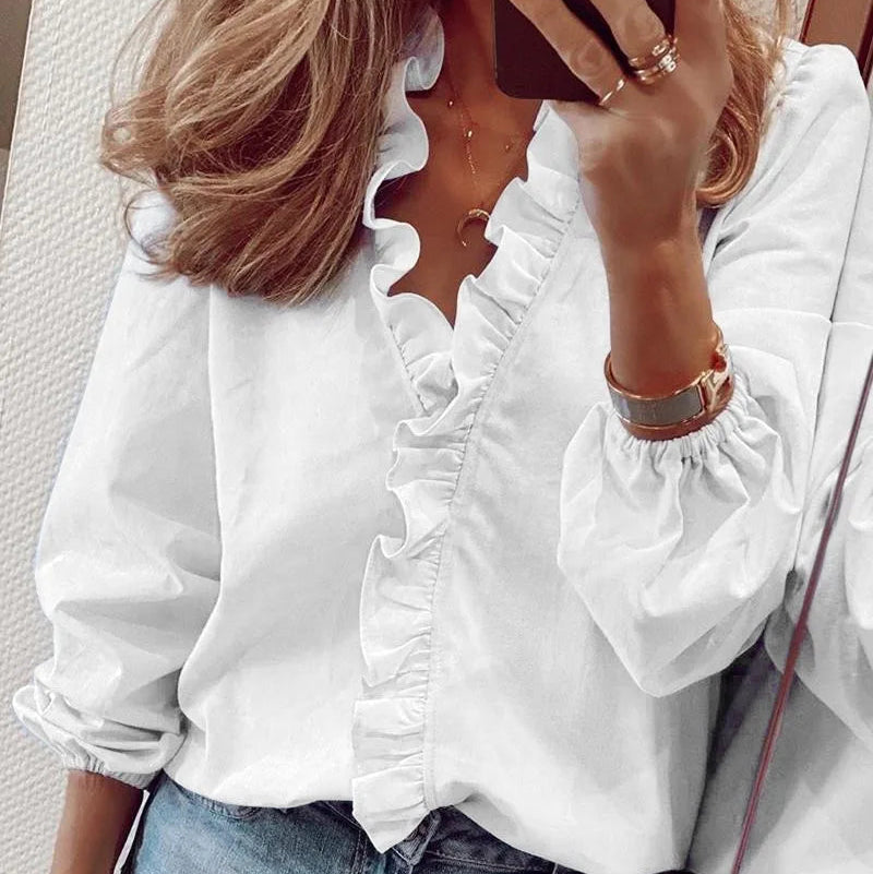 Elegant Long Sleeved Ruffled Shirt Women's Shirt