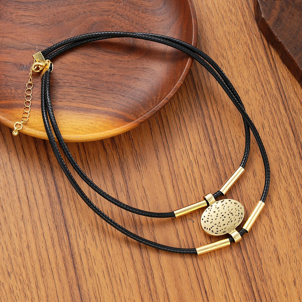 Vintage Oval Metal Faux Leather Necklace Bracelet Jewelry Set
