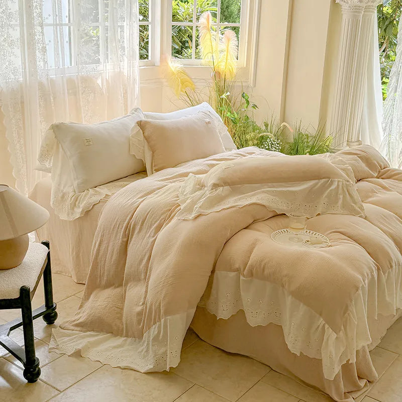 Elegant Wide Lace Solid Bedding Set