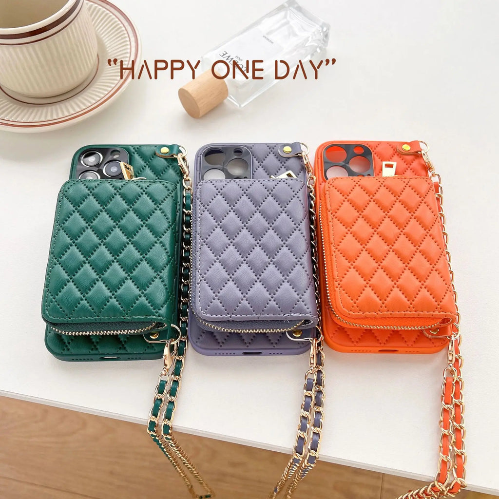iPhone Crossbody Leather Case with Lanyard Strap – Wallet Card Holder Chain Phone Cover