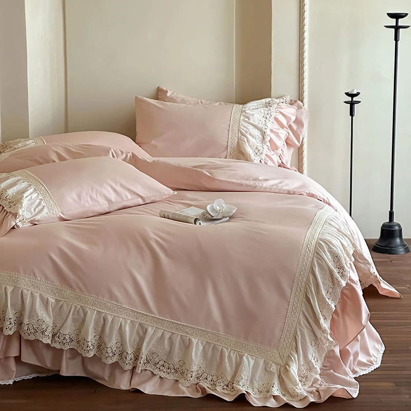 Elegant French Lace Ruffle Bedding Set 100% Cotton