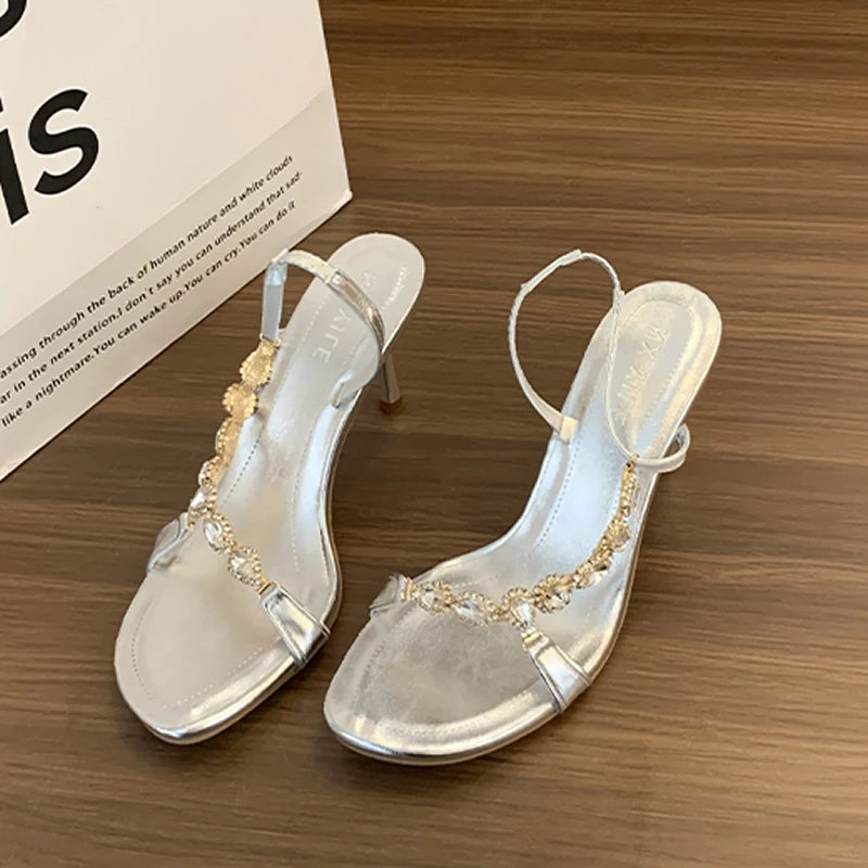 Women’s High Heel Sandals with Gem Chain Strap