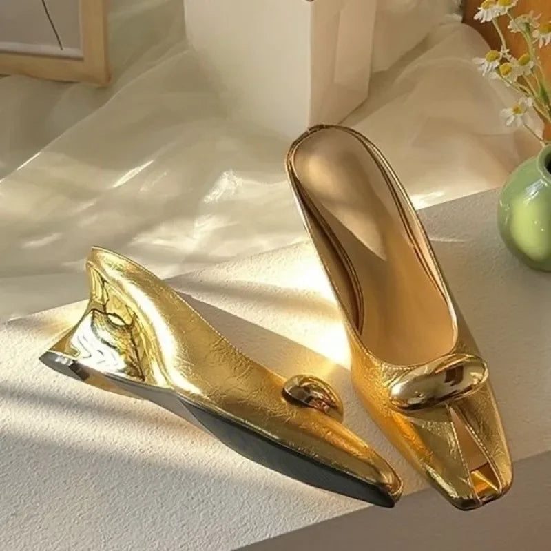 Square Toe Metal Buckle Wedge Retro Baotou Women's Sandals