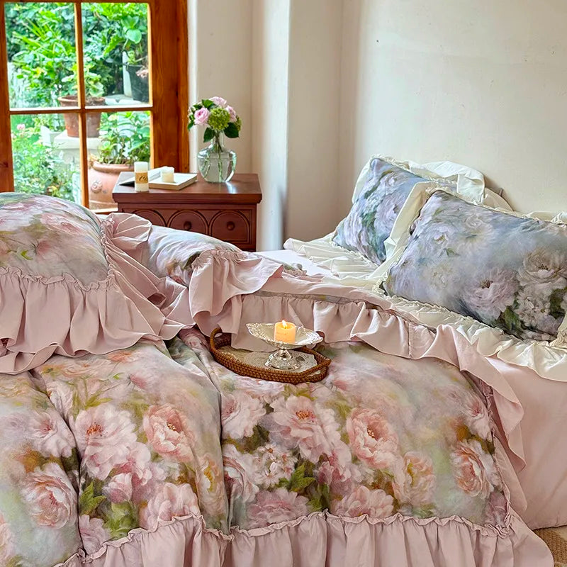 Luxurious  Chic Vintage Rose French Ruffle Fringe Bedding Set 100% Cotton