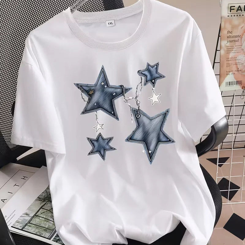 Distressed Denim Star Print Graphic T-Shirt