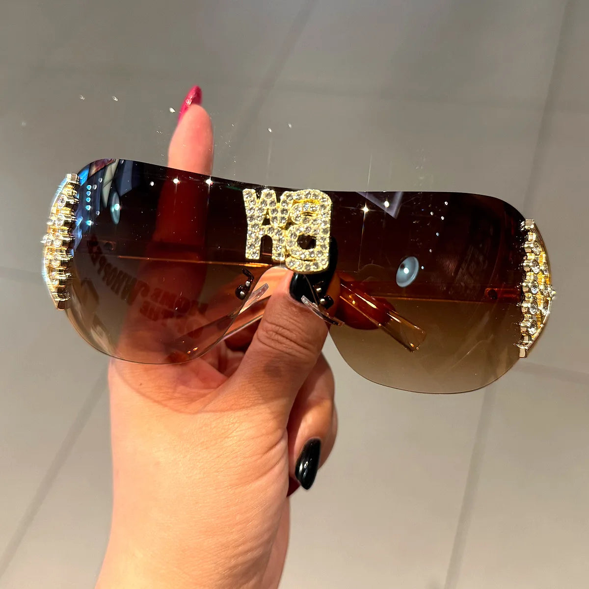 Rimless Women's Sunglasses with Rhinestone Letters