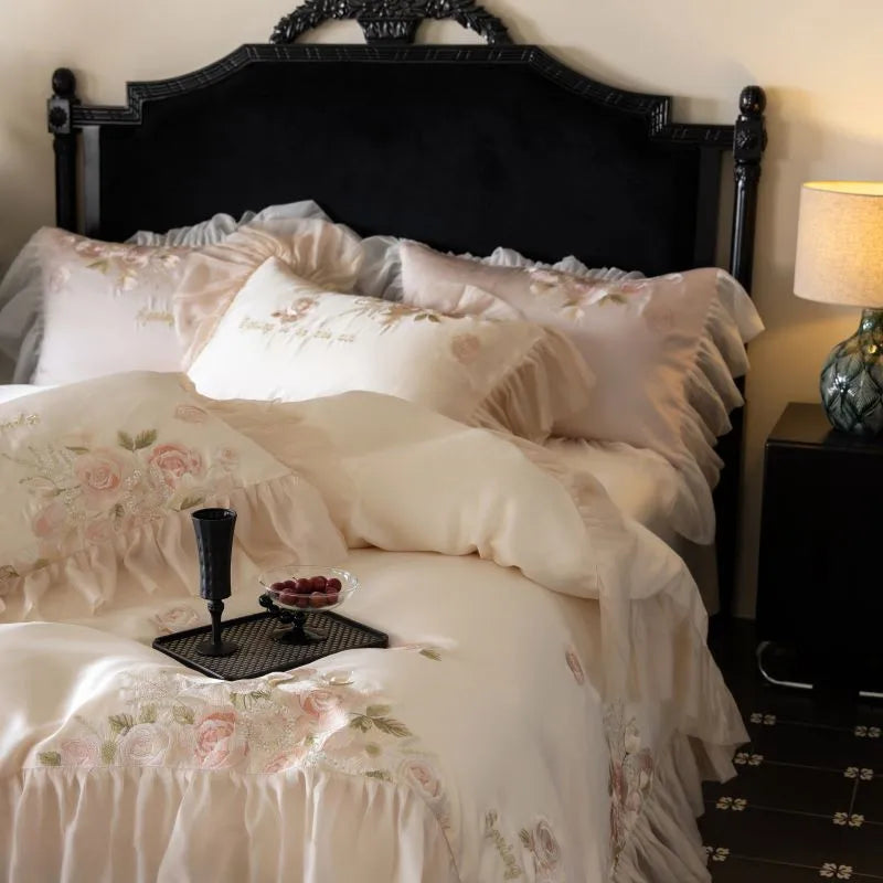 Beautiful Flowers Embroidery Ruffle Bedding Set 100% Cotton