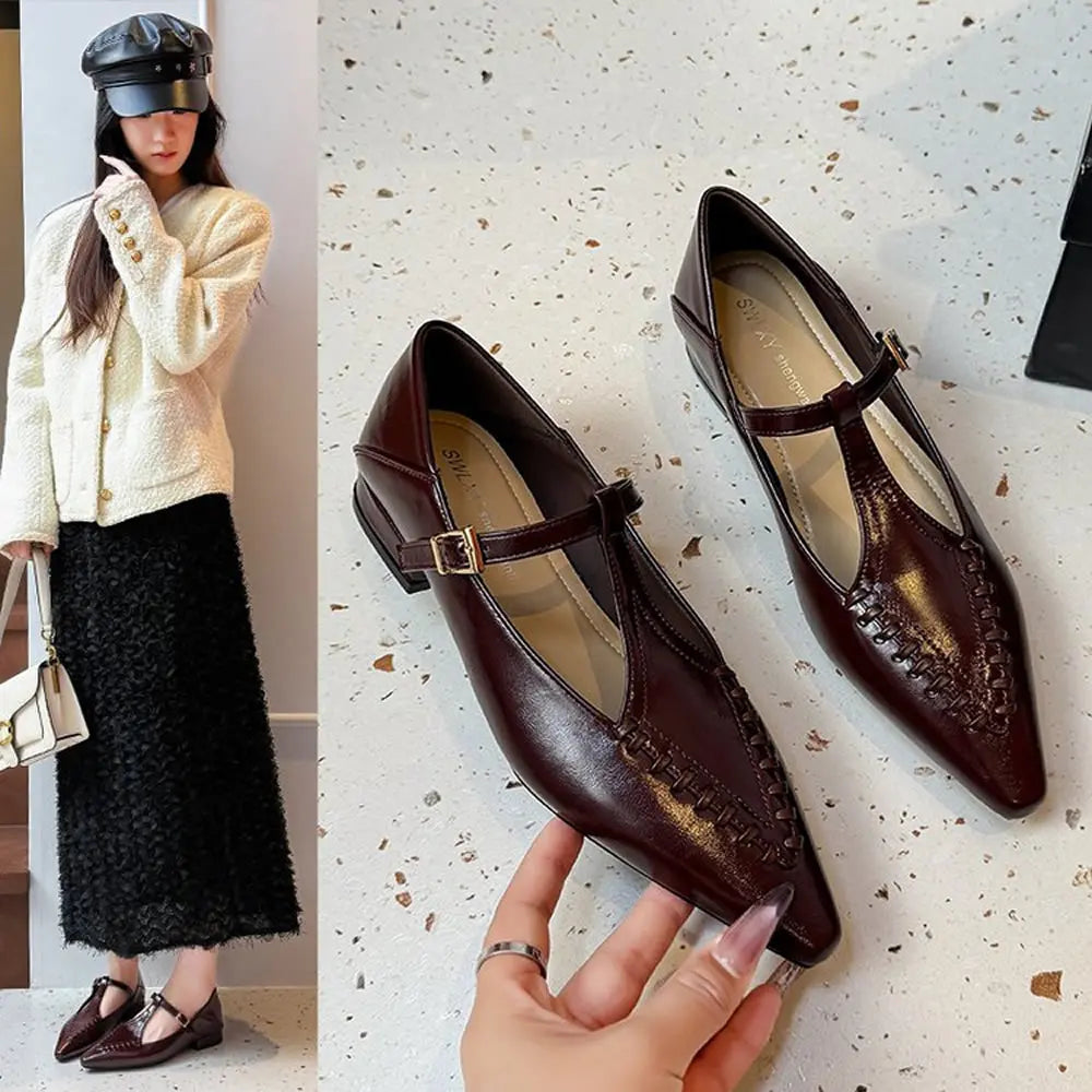 Women’s Genuine Leather T-Strap Pointed Toe Flats