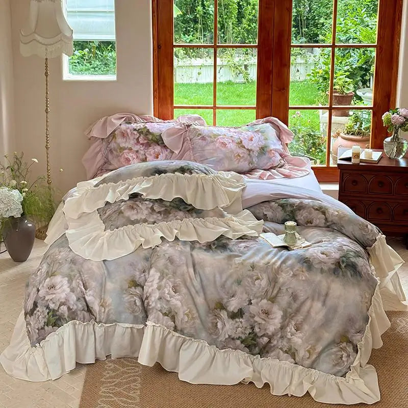 Luxurious  Chic Vintage Rose French Ruffle Fringe Bedding Set 100% Cotton