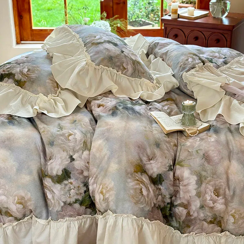 Luxurious  Chic Vintage Rose French Ruffle Fringe Bedding Set 100% Cotton