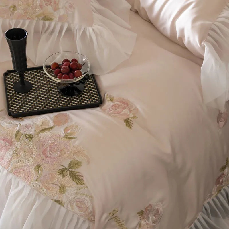 Beautiful Flowers Embroidery Ruffle Bedding Set 100% Cotton