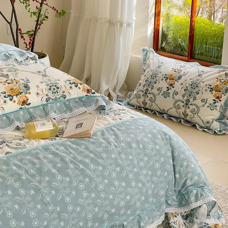 Elegant Ruffle Elegant Vintage Floral Bedding Set 100% Cotton