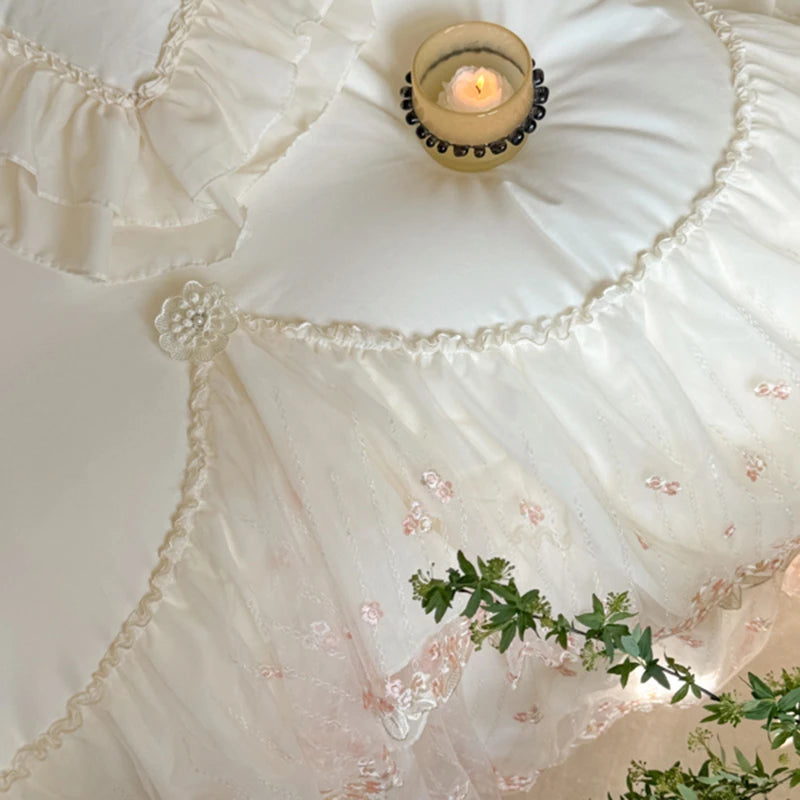 Elegant White/Pink Lace Ruffle Egyptian Cotton Bedding Set