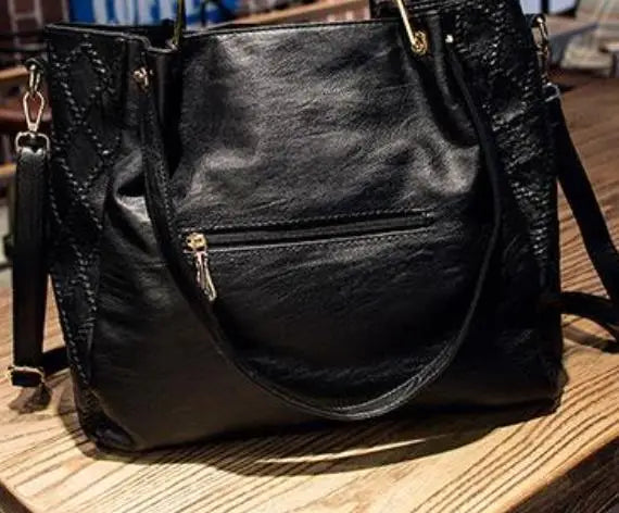 Soft Black Genuine Leather Rivet Large Handbag