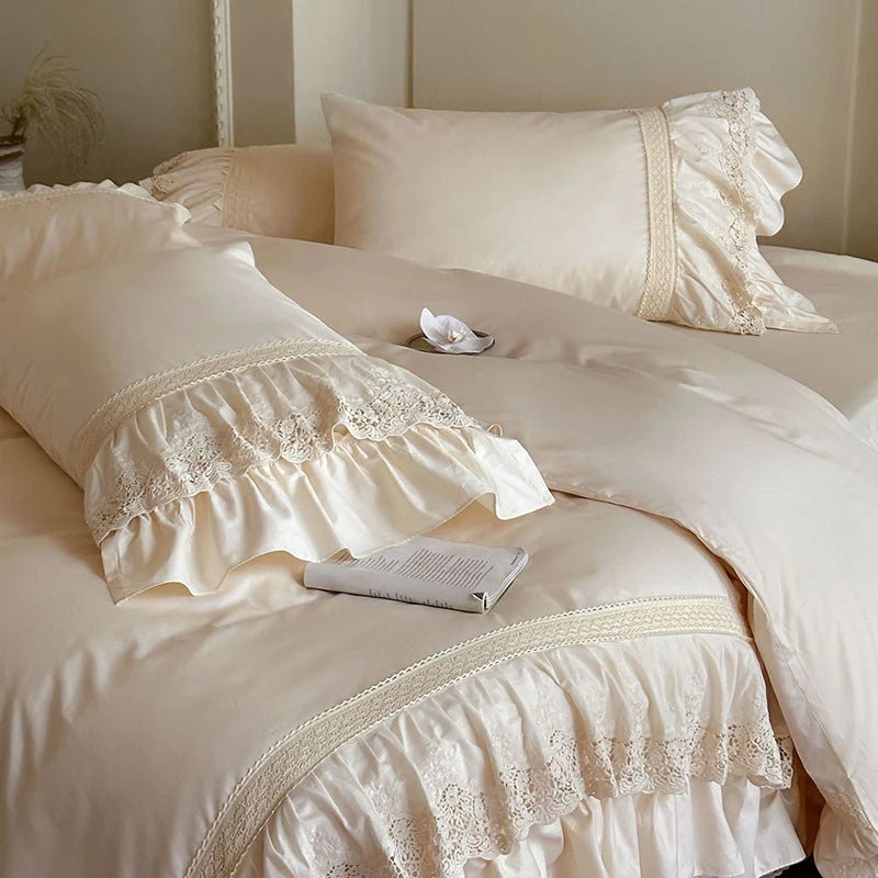 Elegant French Lace Ruffle Bedding Set 100% Cotton