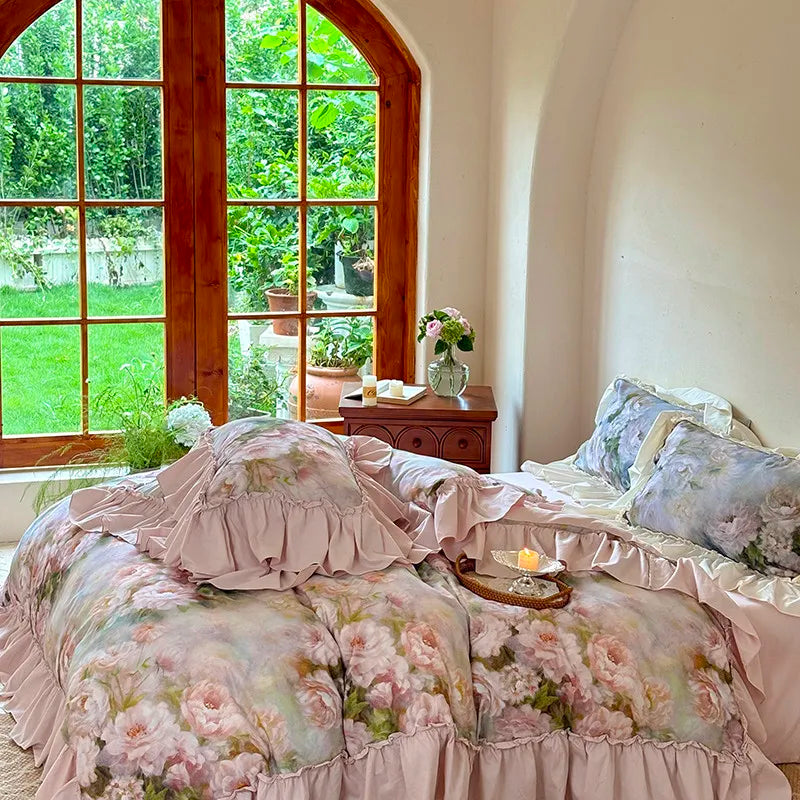 Luxurious  Chic Vintage Rose French Ruffle Fringe Bedding Set 100% Cotton