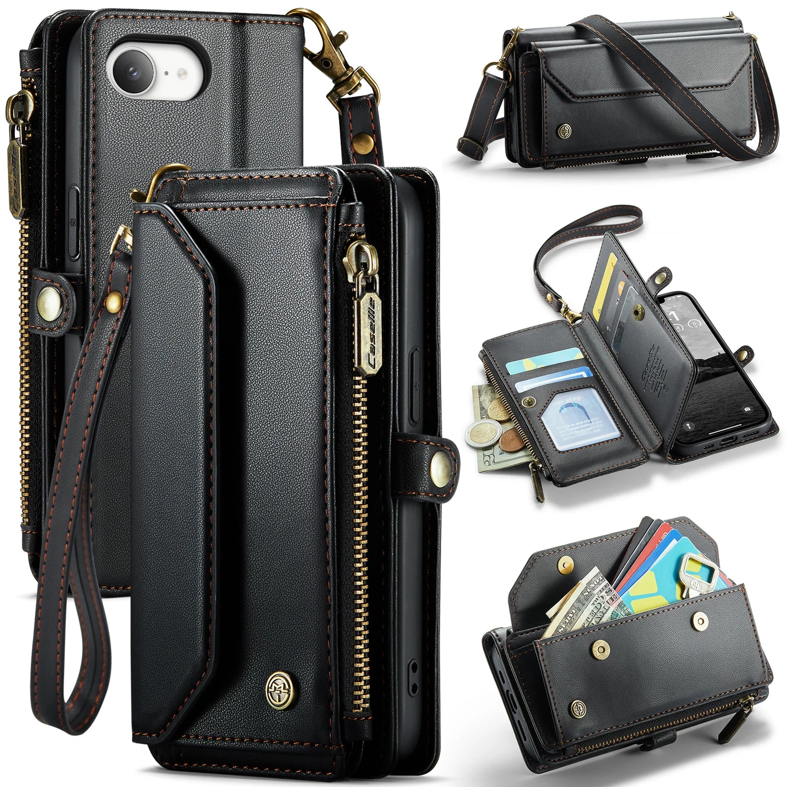 Leather Strap Zipper Card Holder Phone Wallet  Case for iPhone