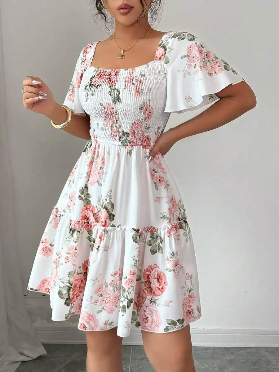 Women’s Floral Print Ruffle Hem Casual Dress with Sashes & Short Sleeves