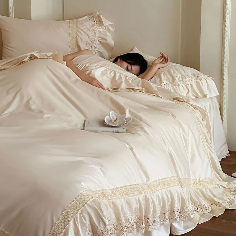 Elegant French Lace Ruffle Bedding Set 100% Cotton