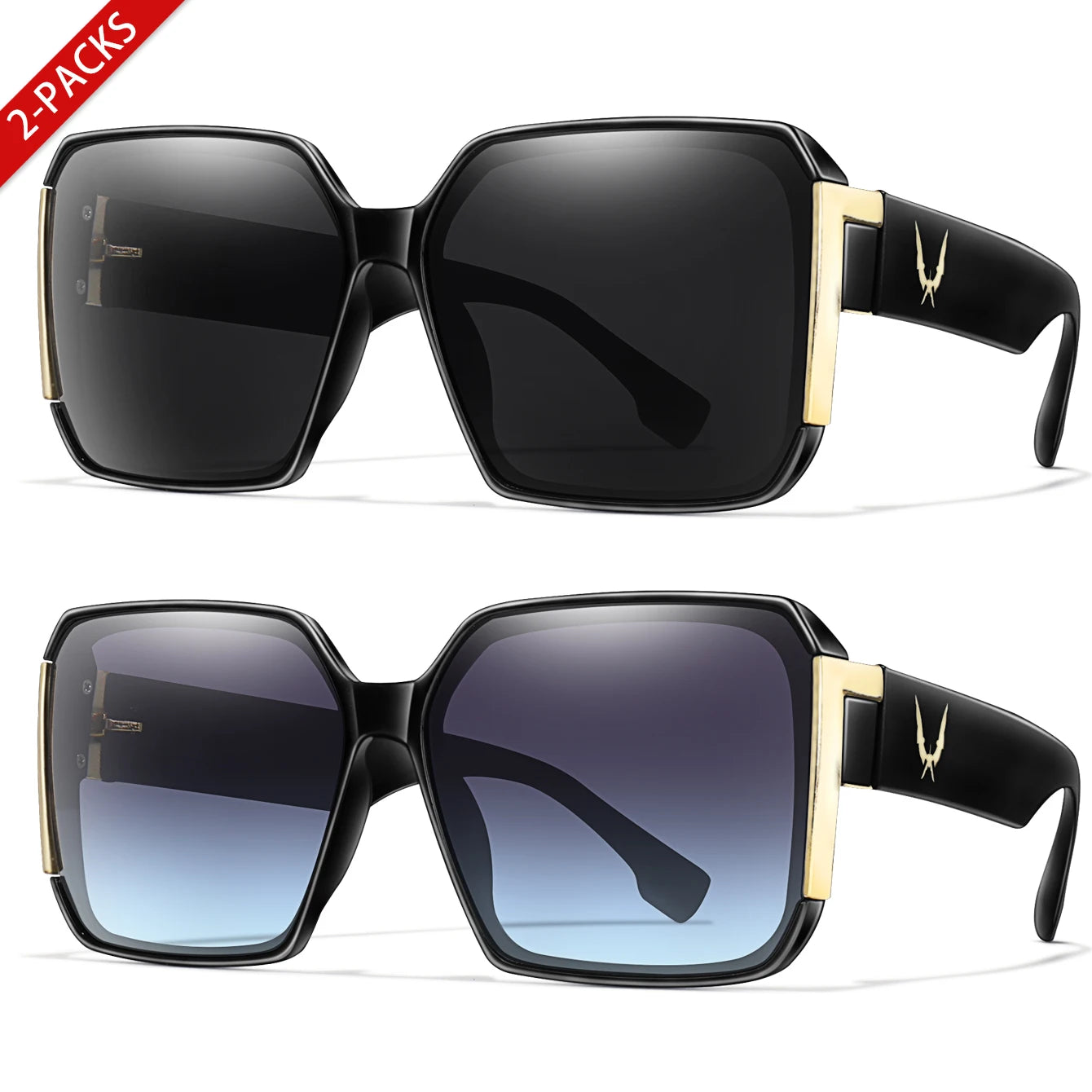 Elegant 2 Packs Unisex Square Sunglasses With UV Protection