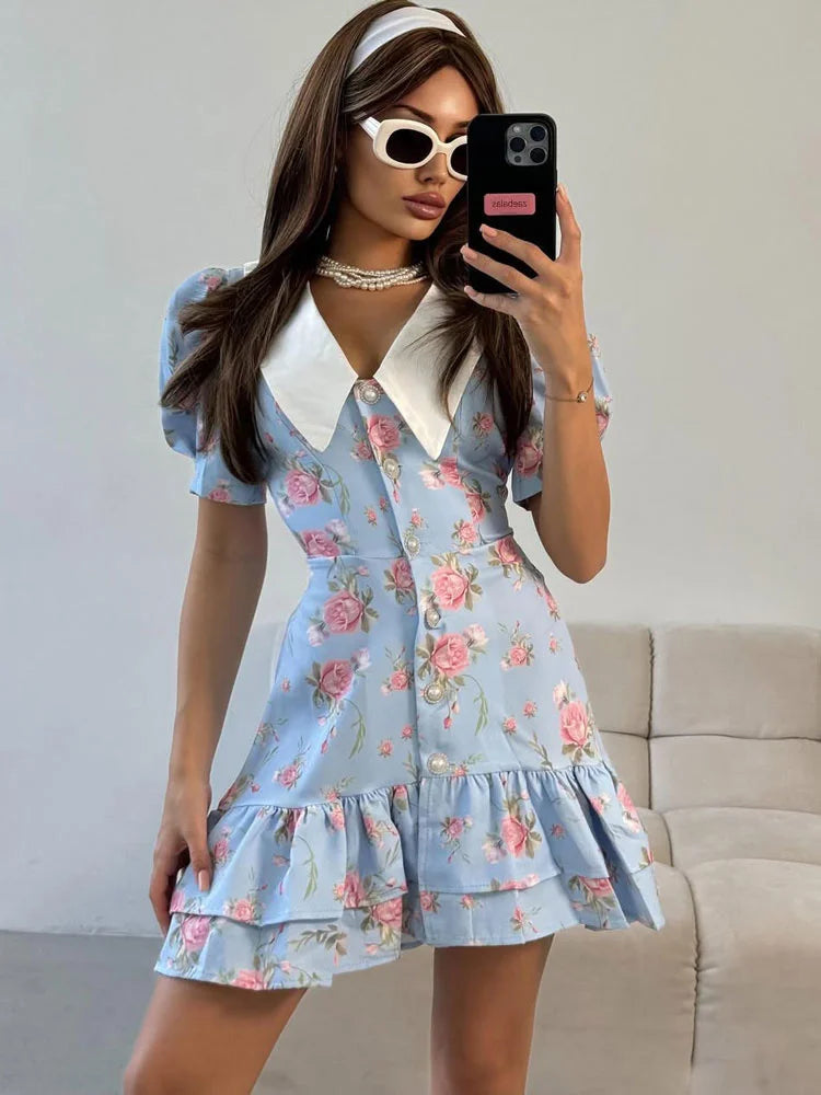 Women’s Floral Mini Dress Short Sleeve Lapel Style