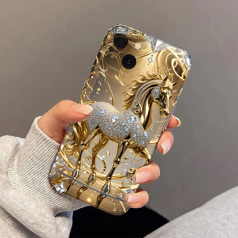 Golden Horse Diamond Printed Phone Case For iPhone
