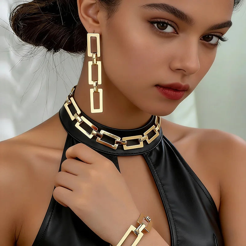 3PCS Stainless Steel Geometric Necklace/Earrings/Bracelet Set