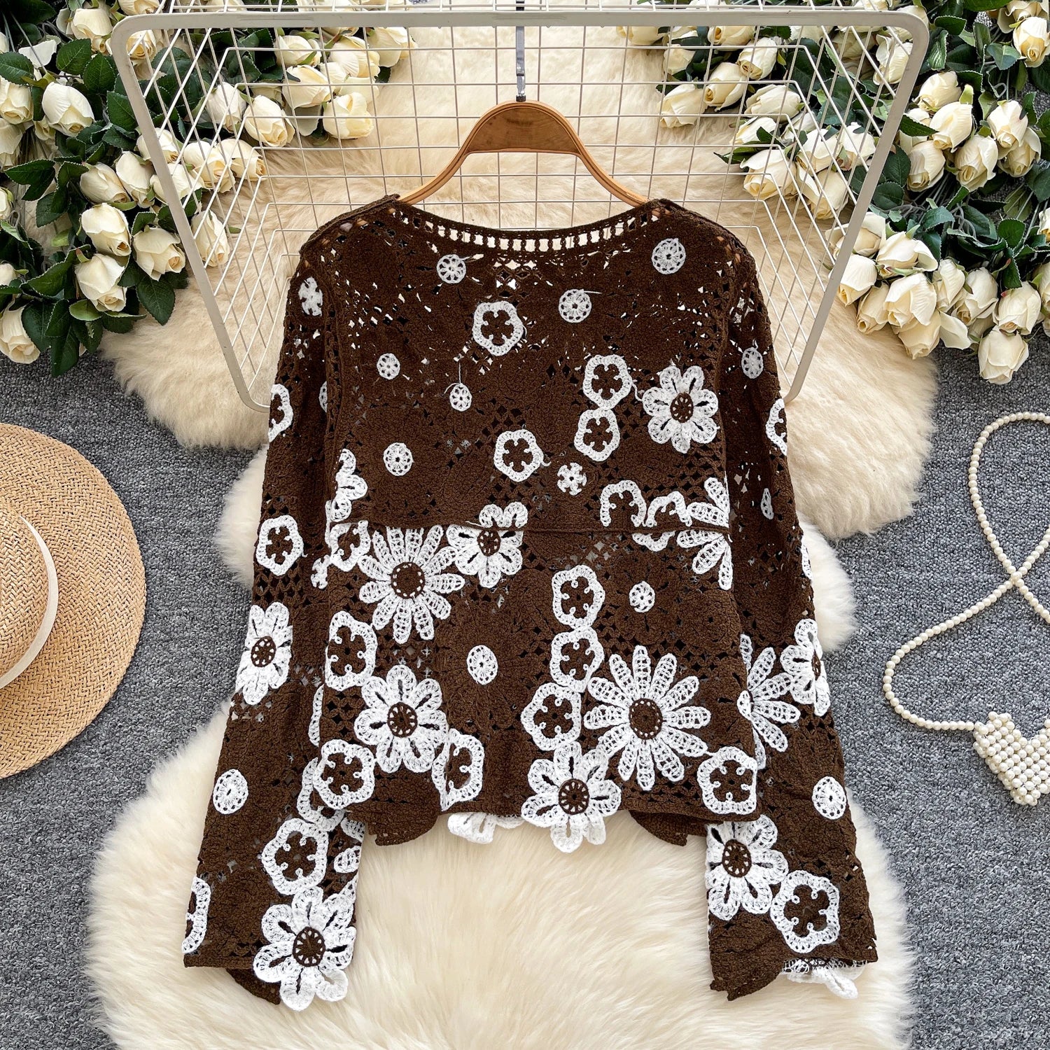 Elegant Hollow Floral Knit Pullover