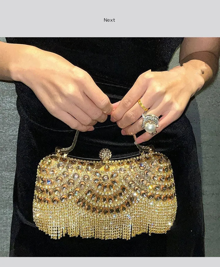 Diamond Evening Gold Clutch Tassel Bag