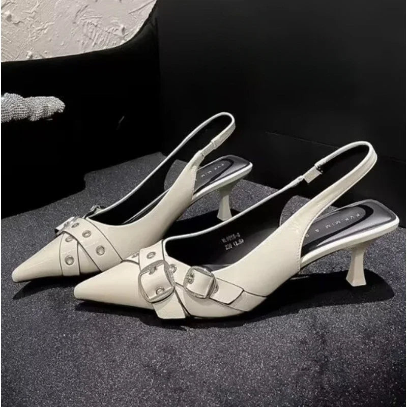 Pointed Toe Buckle Strap Metal High Heeled Kitten Heel Sandals