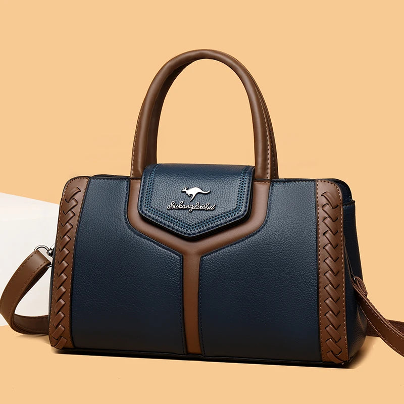 Two Color Genuine Soft Leather 3-layer Top-Handle Bag