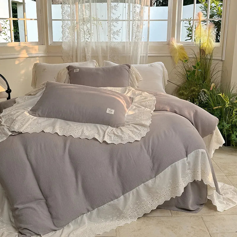 Elegant Wide Lace Solid Bedding Set