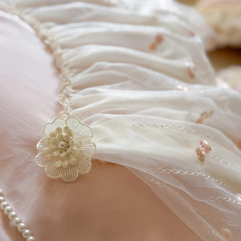 Elegant White/Pink Lace Ruffle Egyptian Cotton Bedding Set