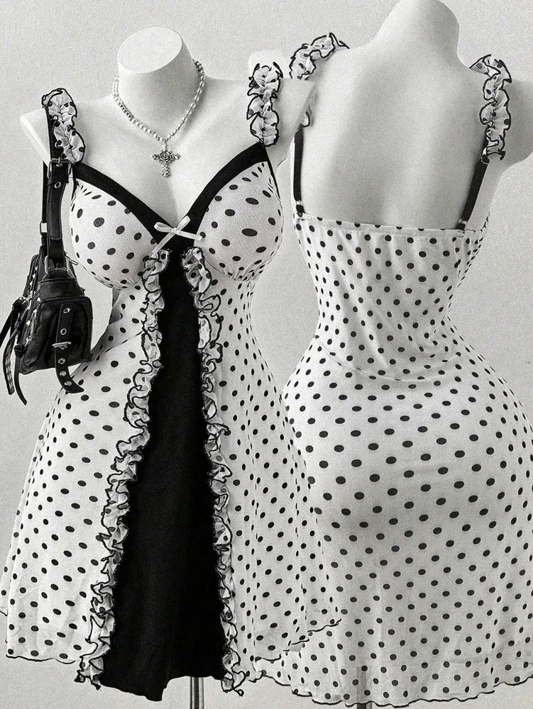 Polka Dot Ruffle Trim Bow Front Cami Mini Dress