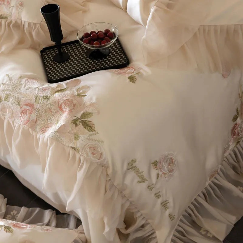 Beautiful Flowers Embroidery Ruffle Bedding Set 100% Cotton