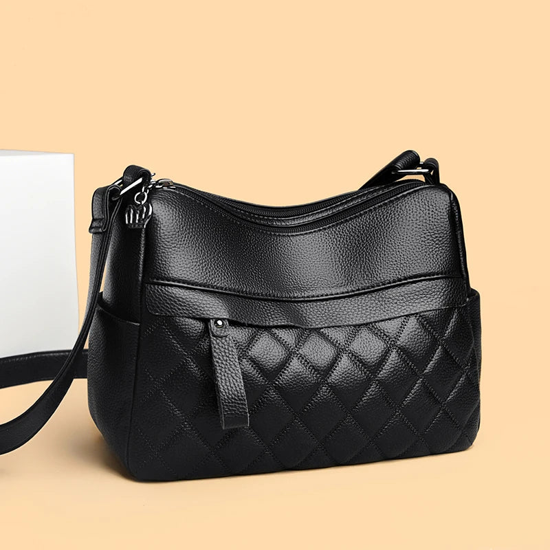 Checker Style Genuine Soft Leather Shoulder Bag