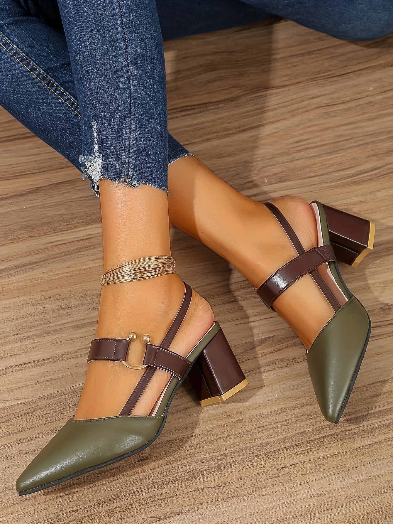Two-Color Pointed Toe Block Sandals
