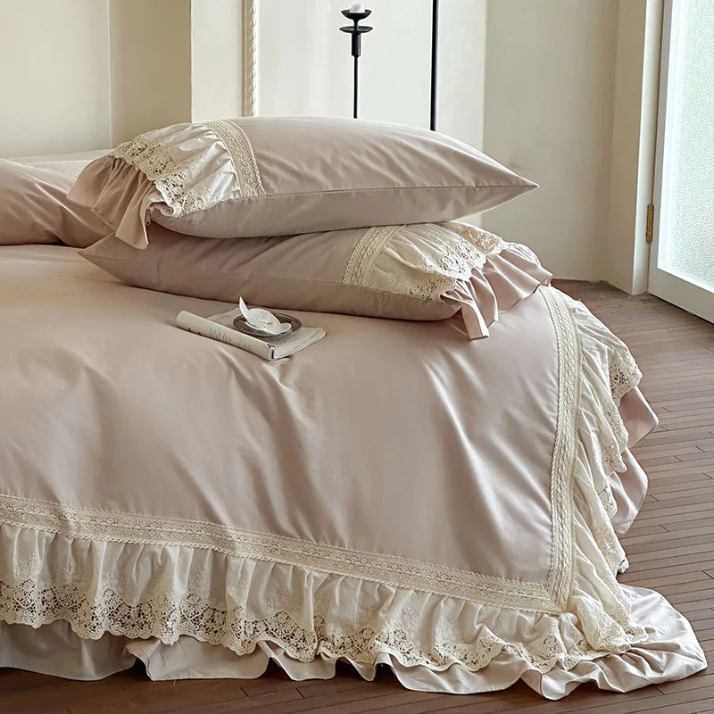 Elegant French Lace Ruffle Bedding Set 100% Cotton