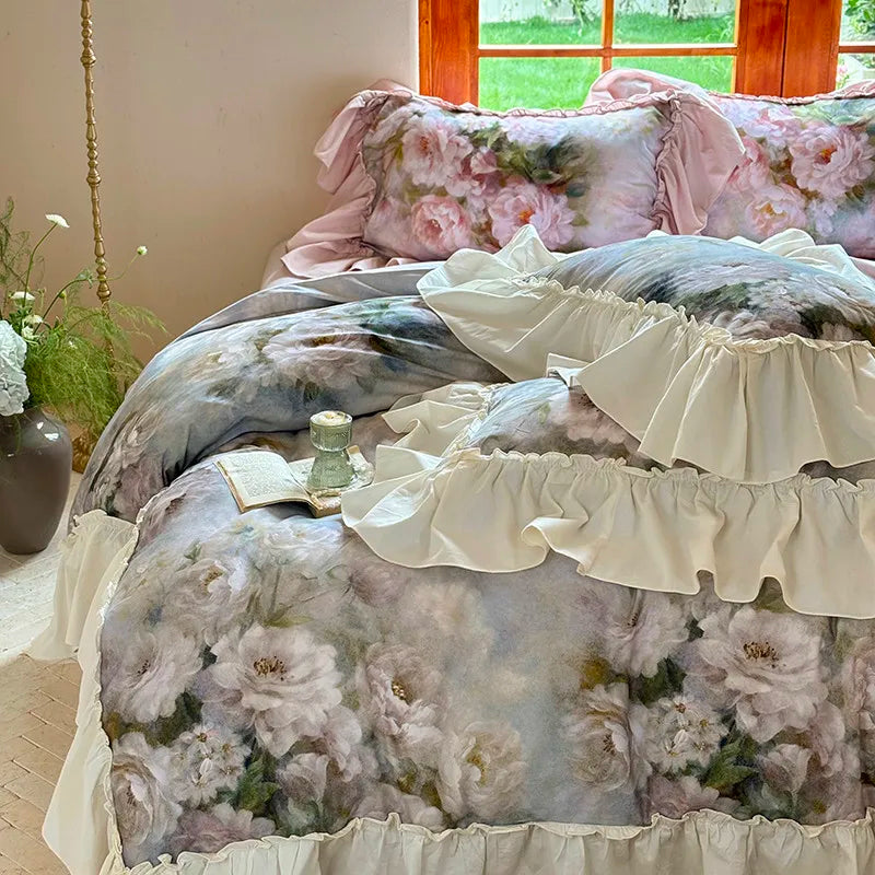 Luxurious  Chic Vintage Rose French Ruffle Fringe Bedding Set 100% Cotton