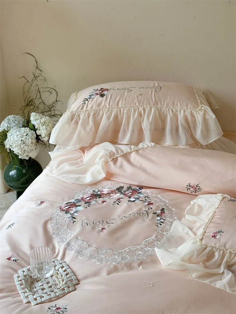 100% Egyptian Cotton Floral Embroidery Luxurious Bedding Set