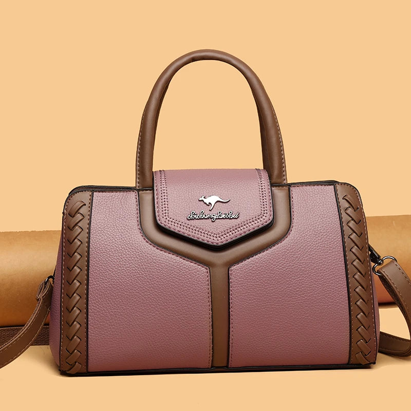 Two Color Genuine Soft Leather 3-layer Top-Handle Bag