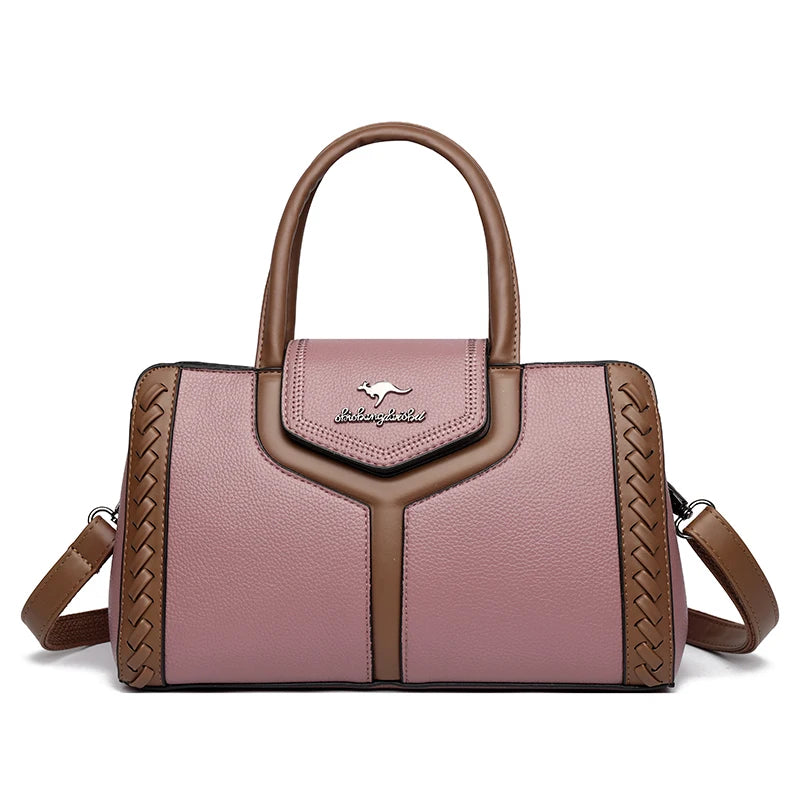 Two Color Genuine Soft Leather 3-layer Top-Handle Bag