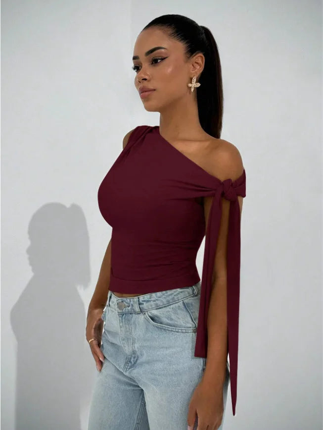 Women’s Elegant Sleeveless Slim Fit Top with Knot Necktie