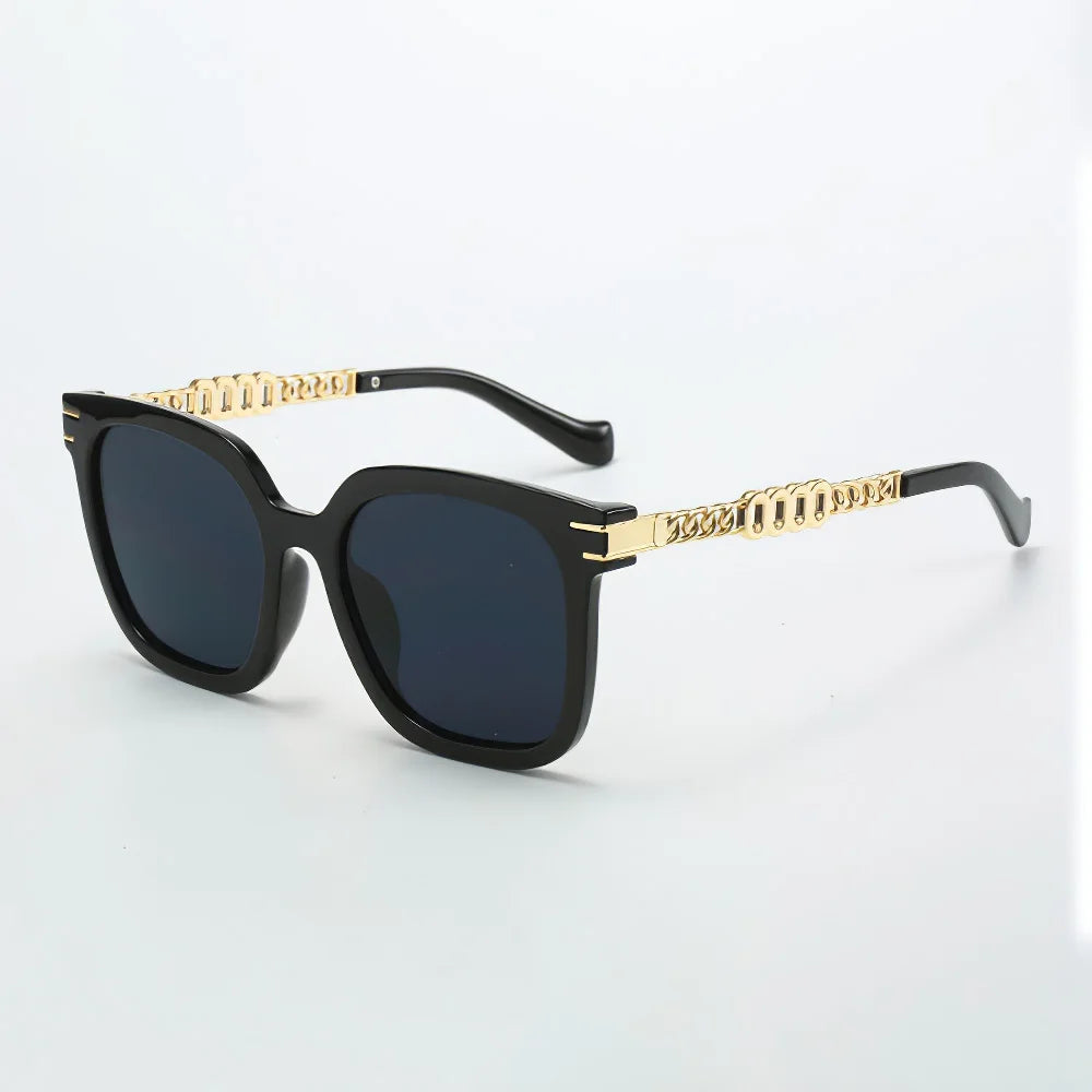 Vintage Golden Chain Embellished Black Square Sunglasses